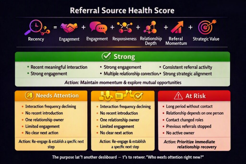 Referral source health score identifying strong, at-risk, and inactive referral relationships that need attention