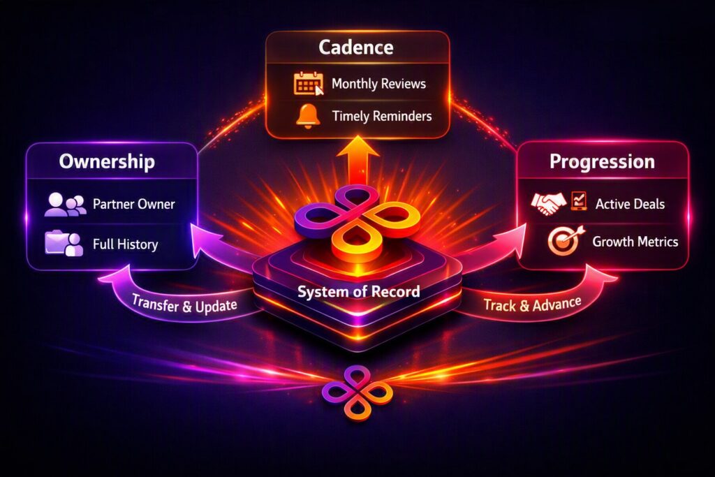 QuantmX core at the center with glowing gradient arrows connecting three labeled sections — “Ownership” on the left (purple), “Cadence” at the top (orange), and “Progression” on the right (pink). Each section contains icons and text: Ownership shows “Partner Owner” and “Full History,” Cadence shows “Monthly Reviews” and “Timely Reminders,” and Progression shows “Active Deals” and “Growth Metrics.” The arrows are labeled “Transfer & Update,” “Schedule & Review,” and “Track & Advance,” illustrating the data flow within a strategic partner relationship system.