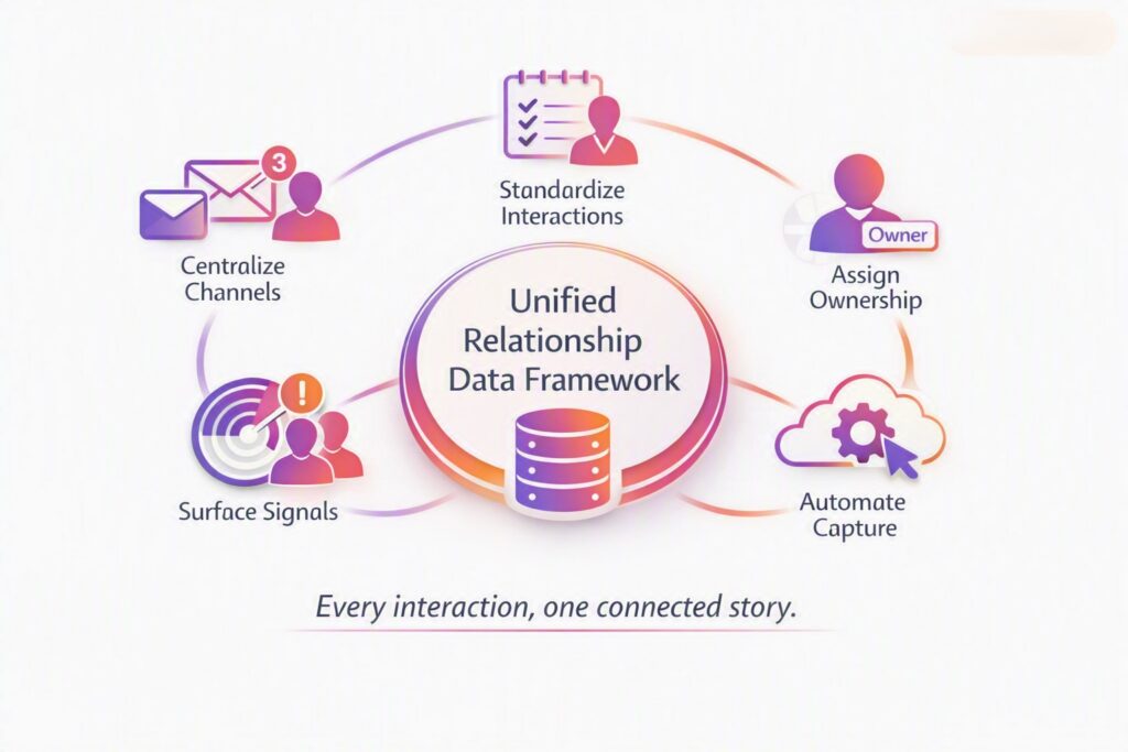 Where firms need to unify relationship data from — email, calendar, and meetings