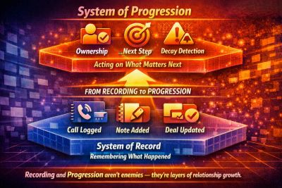 Layered infographic showing recording as the foundation and progression as the active layer above, connected by a glowing arrow labeled ‘From Recording to Progression.’