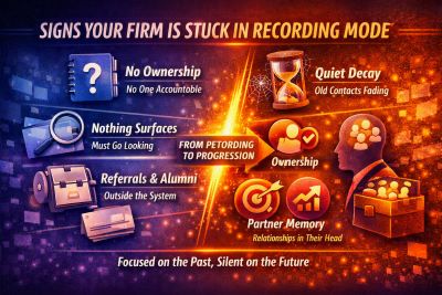 Infographic showing five signs a firm is stuck in recording mode — no ownership, nothing surfaces, quiet decay, alumni/referrals outside system, and partner memory — with a glowing arrow toward active relationship progression.