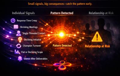 Warning signs relationship decay detection should catch — response time creep, shrinking meeting cadence, and champion turnover