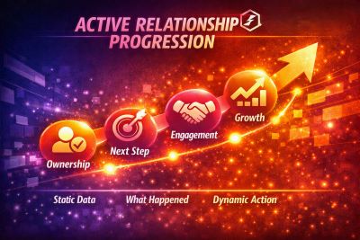 QuantmX‑branded Active Relationship Progression illustration showing ownership, next step, engagement, and growth nodes connected by an upward glowing arrow.