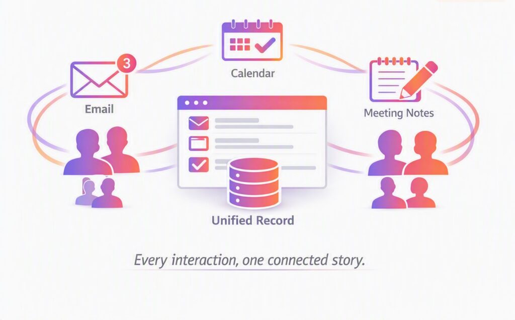 Where firms need to unify relationship data from — email, calendar, and meetings