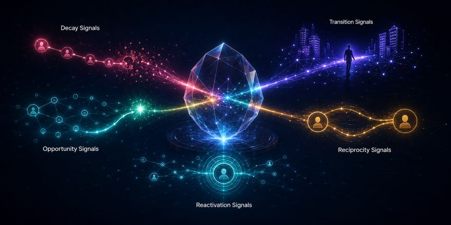 Types of relationship signals — decay, opportunity, transition, reciprocity, and reactivation — tracked by professional services firms