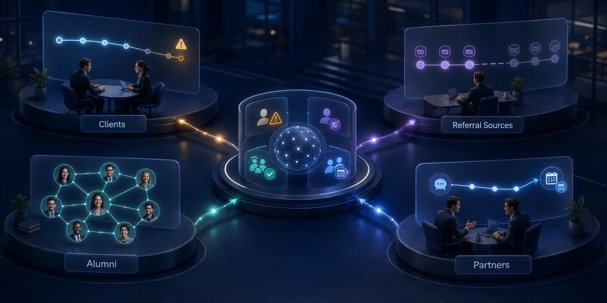 Relationship Intelligence dashboard showing client relationships, engagement signals, and relationship health insights